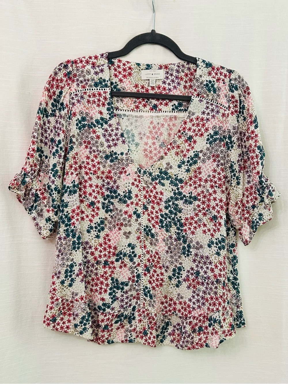 Lucky Brand Multi-Color 100% Cotton Floral V-Neck Boho Short Sleeve Blouse